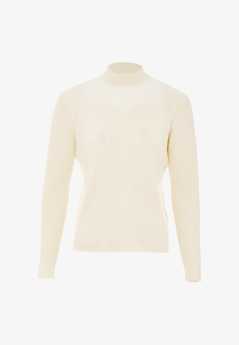 Pull col roulé en maille côtelée couleur crème, avec de longues manches et une silhouette ajustée, présentant une texture lisse et un motif subtil.