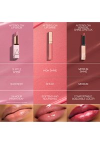 Trois produits lèvres présentés côte à côte avec des gros plans sur les lèvres : baume subtil, gloss très brillant, rouge à lèvres brillance moyenne ; le texte détaille les bénéfices.
