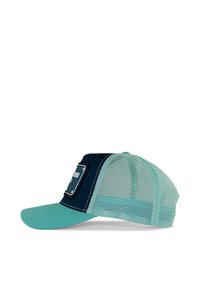 Cap featuring a navy blue front, light teal mesh back, flat brim, and a rectangular badge on the front with black accents.