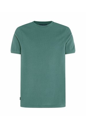 Green short-sleeve t-shirt, round neckline, made from textured fabric, straight hem, and a small logo tag on the lower side.