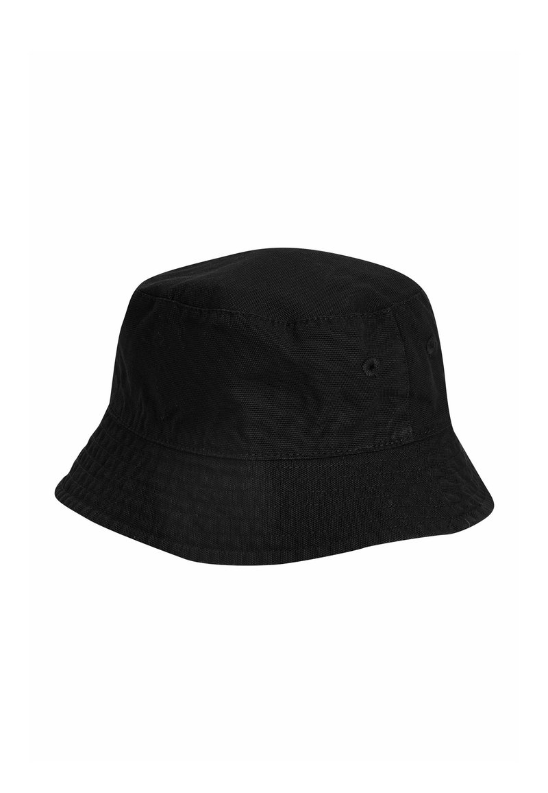 Svart bucket hat gjord av texturerad tyg, med en rund krona, bred skärm och subtila sömmar för en strukturerad look.