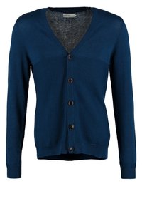 Marinblått stickat kofta med V-hals, långa ärmar och fem knappstängningar, med en mjuk yta och figursydd design.