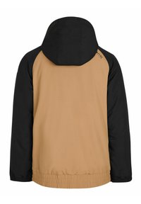 Hoody-jack met een beige lichaam en zwarte mouwen. Heeft een elastische zoom en logo-detail op de schouder. Glad, lichtgewicht materiaal.