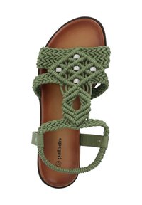 Grüne gewebte Sandalen mit einem Makramee-Design, silbernen Akzenten, verstellbarem Knöchelriemen und einem braunen synthetischen Fußbett.