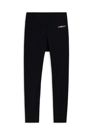 Leggings neri realizzati in materiale elastico con una fascia larga in vita. Presentano un discreto logo "FREDDY" in rame metallico sull'anca.