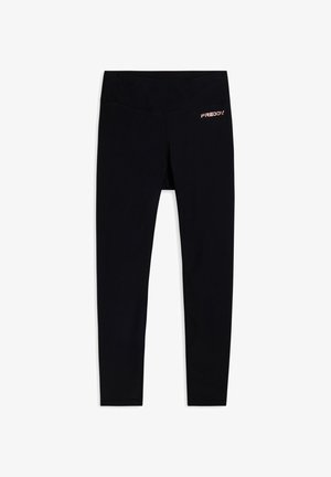 Leggings neri realizzati in materiale elastico con una fascia larga in vita. Presentano un discreto logo "FREDDY" in rame metallico sull'anca.