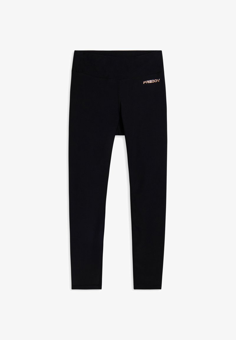 Leggings neri realizzati in materiale elastico con una fascia larga in vita. Presentano un discreto logo "FREDDY" in rame metallico sull'anca.