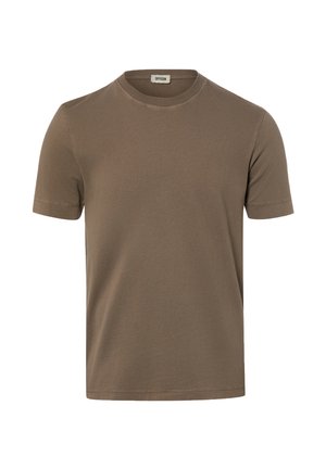 T-shirt marron à manches courtes avec col rond, comportant une petite étiquette blanche à l'intérieur du col indiquant « DRYKORN ».