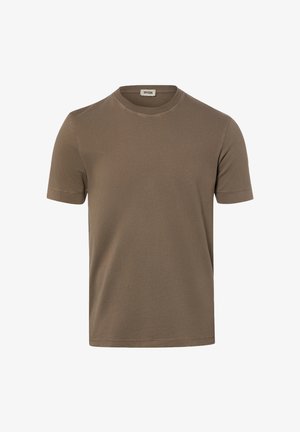 T-shirt marron à manches courtes avec col rond, comportant une petite étiquette blanche à l'intérieur du col indiquant « DRYKORN ».