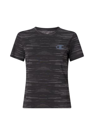 Schwarzes, kurzärmeliges Sport-T-Shirt mit grauem horizontalem Streifenmuster und kleinem grauem Champion-Logo auf der linken Brust.