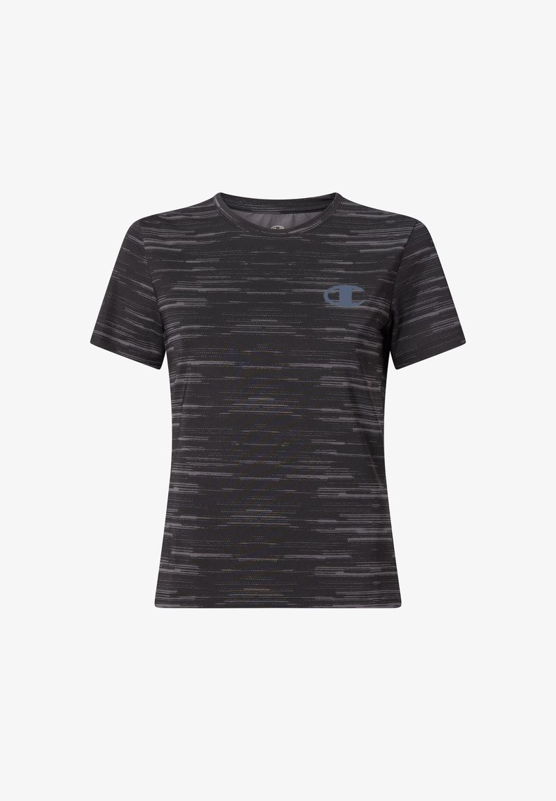 Μαύρο αθλητικό T-shirt με κοντά μανίκια, με μοτίβο από γκρι οριζόντιες γραμμές και μικρό γκρι λογότυπο Champion στο αριστερό μέρος του στήθους.
