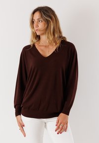 Maglione marrone a V con maniche lunghe, orlo a coste e texture morbida, abbinato a pantaloni bianchi. Design semplice senza motivi o dettagli.