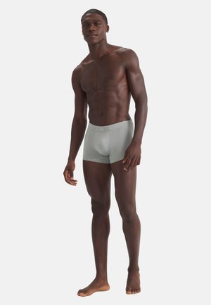 Hemdloser Mann steht barfuß da und trägt hellgraue Boxershorts mit einem dezenten Logo am Bund vor schlichtem weißem Hintergrund.