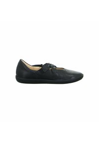 Schwarze Leder-Balletschuhe mit runder Zehenpartie, ausgestattet mit einem überkreuzten Riemendesign und einer niedrigen, flexiblen Sohle. Glatte Textur und minimalistische Details.