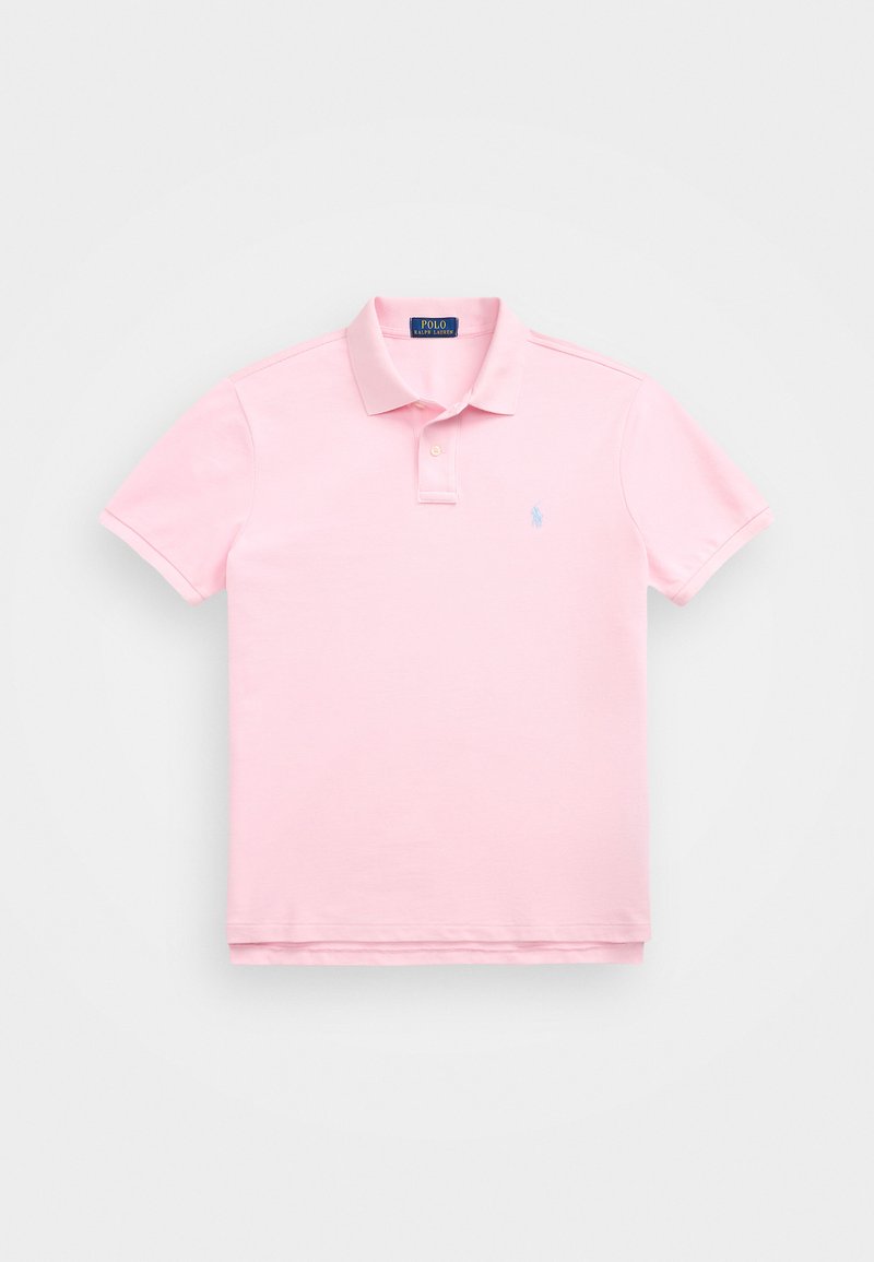 Pink polo shirt made of cotton, featuring a collared neck, short sleeves, two-button placket, and a small blue logo on the chest.