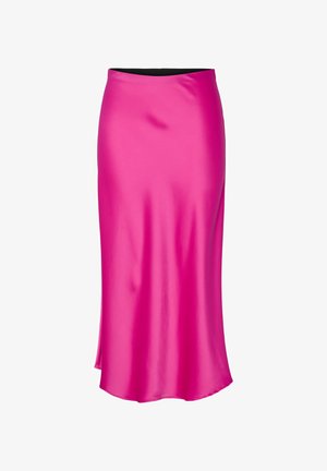 Satinsmidirock in leuchtendem Pink mit glatter Textur, ausgestattet mit einem eleganten Schnitt und einem schwarzen Taillenbund als Kontrast.