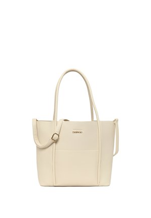 Beige leren shopper met twee handvatten, verstelbare schouderriem en goudkleurig "DERMOD" logo op het voorvak.