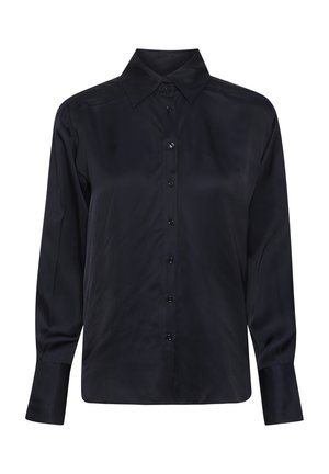 Schwarzes Langarmshirt aus glattem Stoff. Merkmale eines spitzen Kragens, einer zentralen Knopfleiste und manuell verstellbaren Ärmeln. Keine Muster oder Verzierungen.