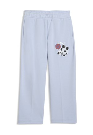 Pantalon de survêtement bleu clair avec une taille élastique, présentant un graphique amusant de vache noir et blanc tenant un ballon de basket rouge.