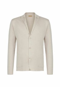 Beige Strickblazer mit drei Knöpfen, zwei Fronttaschen und einem Reverskragen.