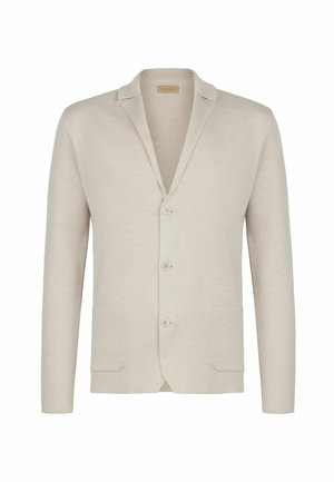 Blazer in maglia beige con tre bottoni, due tasche frontali e colletto a risvolto.