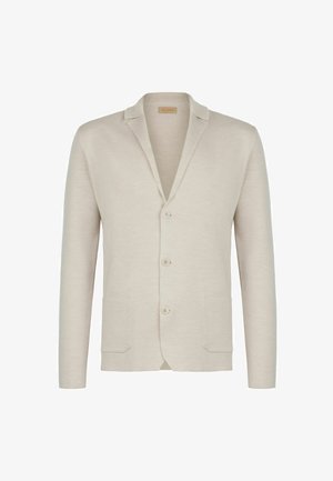 Beige stickad kavaj med tre knappar, två framlommar och slagkrage.