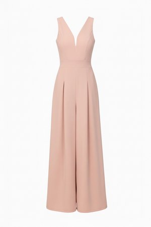 Sleeveless blush pink jumpsuit with deep V-neck, fitted waist, and wide-leg pleated pants on a white background.