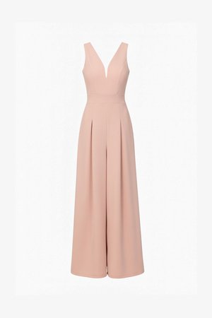 Sleeveless blush pink jumpsuit with deep V-neck, fitted waist, and wide-leg pleated pants on a white background.