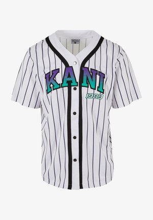 Cămășuță albă cu buton, cu lettering „KANI” în violet și teal, cu un model cu dungi, accente negre și mâneci scurte. Fabricată dintr-un material respirabil.