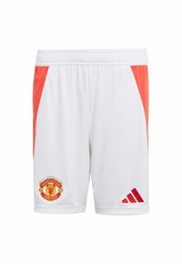 Vita sportshorts med röda accenter, med Manchester United-logotypen och Adidas-märke. Tillverkade av lätt och ventilerande material.