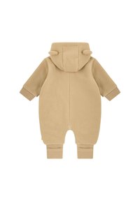 Tan fleeced onesie met een capuchon, voorzien van twee oorresten, ribboord manchetten en een rits aan de achterkant. Zachte textuur, eenvoudig ontwerp.