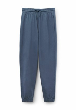 Pantalon de survêtement bleu marine en matière douce, avec une taille élastique munie d'un cordon de serrage, des poches latérales et des poignets élastiqués fuselés.