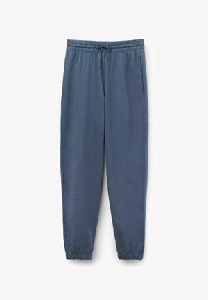 Dunkelblaue Jogginghose aus weichem Material, mit elastischem Bund und Kordelzug, seitlichen Taschen und verengten, elastischen Bündchen.