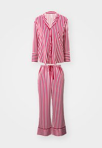 Red and white striped pajama set featuring a button-up top with a collar and cropped sleeves, paired with elastic waistband pants and flared cuffs.