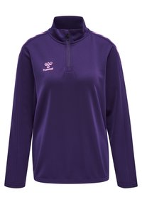 Pull-over violet à manches longues en tissu lisse, avec une fermeture éclair quart de zip et des accents roses le long des épaules, portant un petit logo sur la poitrine.