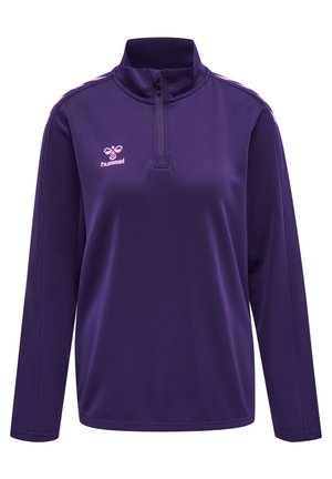 Purple long-sleeve pullover made of smooth fabric, featuring a quarter zip and pink accents along the shoulders with a small logo on the chest.