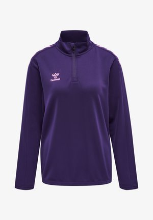 Lilla langærmet pullover lavet af glat stof, med en kvart lynlås og pink detaljer langs skuldrene samt et lille logo på brystet.