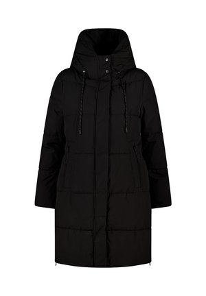 Manteau rembourré noir avec capuche, doté d'une fermeture éclair, de deux poches latérales et de cordons de serrage au cou et à la capuche pour un ajustement.