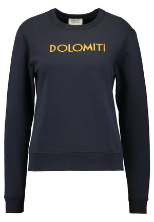 Tummansininen pitkähihainen pyöreäkauluksinen collegepaita, jossa keltaisella kirjailtu "DOLOMITI"-teksti rinnassa keskellä.