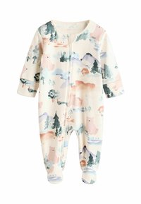 Body en jersey à manches longues de couleur crème avec un design aquarelle présentant des ours roses, des arbres et des montagnes dans des couleurs pastel. Fermeture éclair sur toute la longueur.