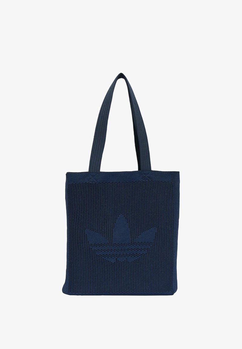 Sac fourre-tout tricoté bleu marine avec deux poignées et un logo Adidas trefoil texturé centré à l'avant.