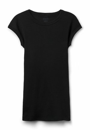 Černé krátké rukávy žebrované pletené tričko s kulatým výstřihem a mírně zatočenými manžetami, zobrazené na bílém pozadí.