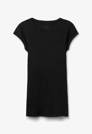 Sort kortærmet ribstrikket t-shirt med rund halsudskæring og let rullede ærmekanter, vist på en hvid baggrund.