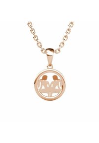 Roze gouden hanger ketting met een ronde vorm, waarin een verweven silhouet van twee figuren is afgebeeld, hangend aan een schakelkettinkje.