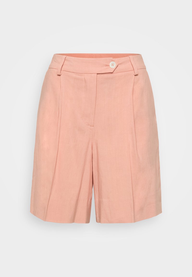 Rosa Leinen-Shorts mit maßgeschneidertem Design, ausgestattet mit einem frontalen Knopfverschluss und Falten. Glatte Textur, knielange Länge und weit geschnitten.