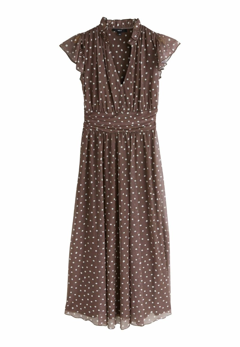 Vestito marrone a pois con maniche corte a volant, scollo a V profondo, vita cinched e gonna fluente. Realizzato in tessuto leggero.