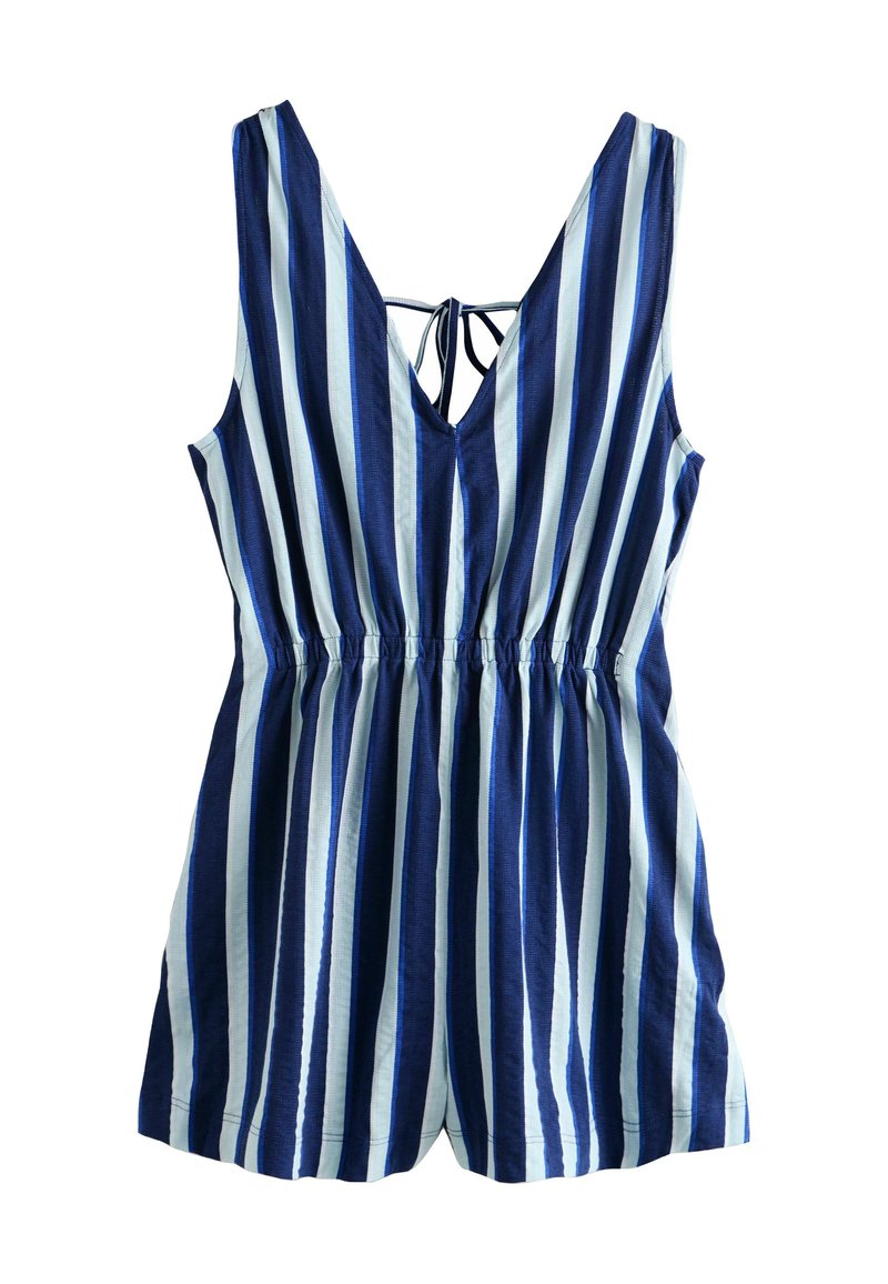 Sininen ja vaaleansininen raidallinen haalari, jossa on syvä V-pääntie, säädettävä solmittava takaosa ja leveä joustava vyötärö rentoa istuvuutta varten.