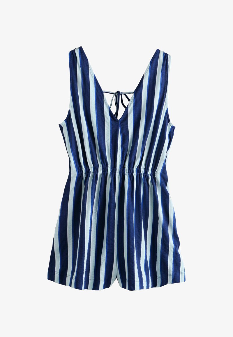 Sininen ja vaaleansininen raidallinen haalari, jossa on syvä V-pääntie, säädettävä solmittava takaosa ja leveä joustava vyötärö rentoa istuvuutta varten.