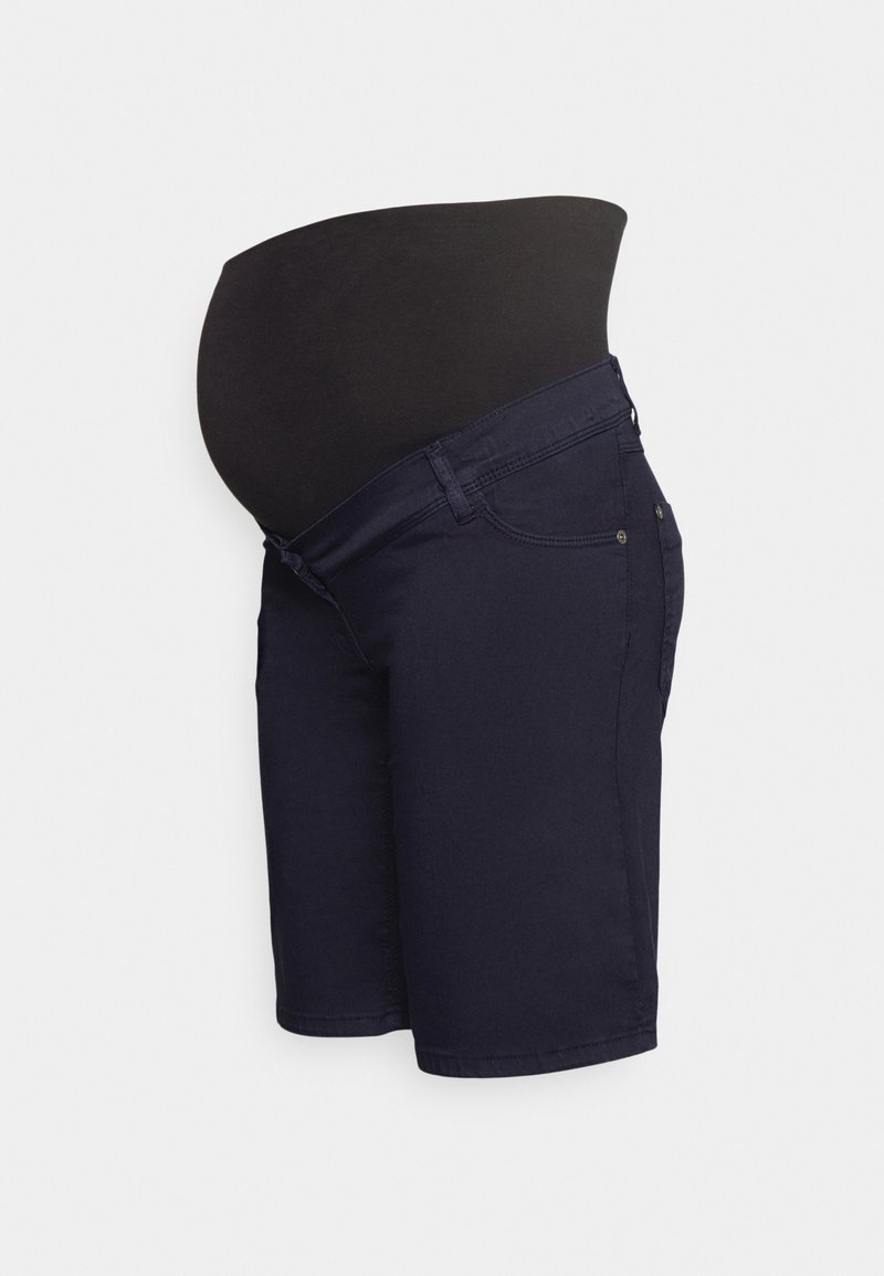 Bermudas de maternidade com uma cintura elástica preta e tecido de denim azul escuro. Inclui bolsos frontais e um design ajustado clássico.