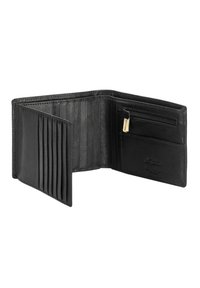 Portafoglio in pelle nera con più slot per carte, una tasca con cerniera e una texture liscia; si apre per rivelare un ampio interno.